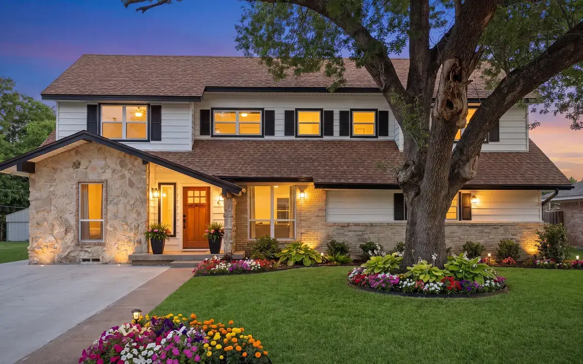 A twilight exterior render — the kind of shot StageSnap makes from a midday photo
