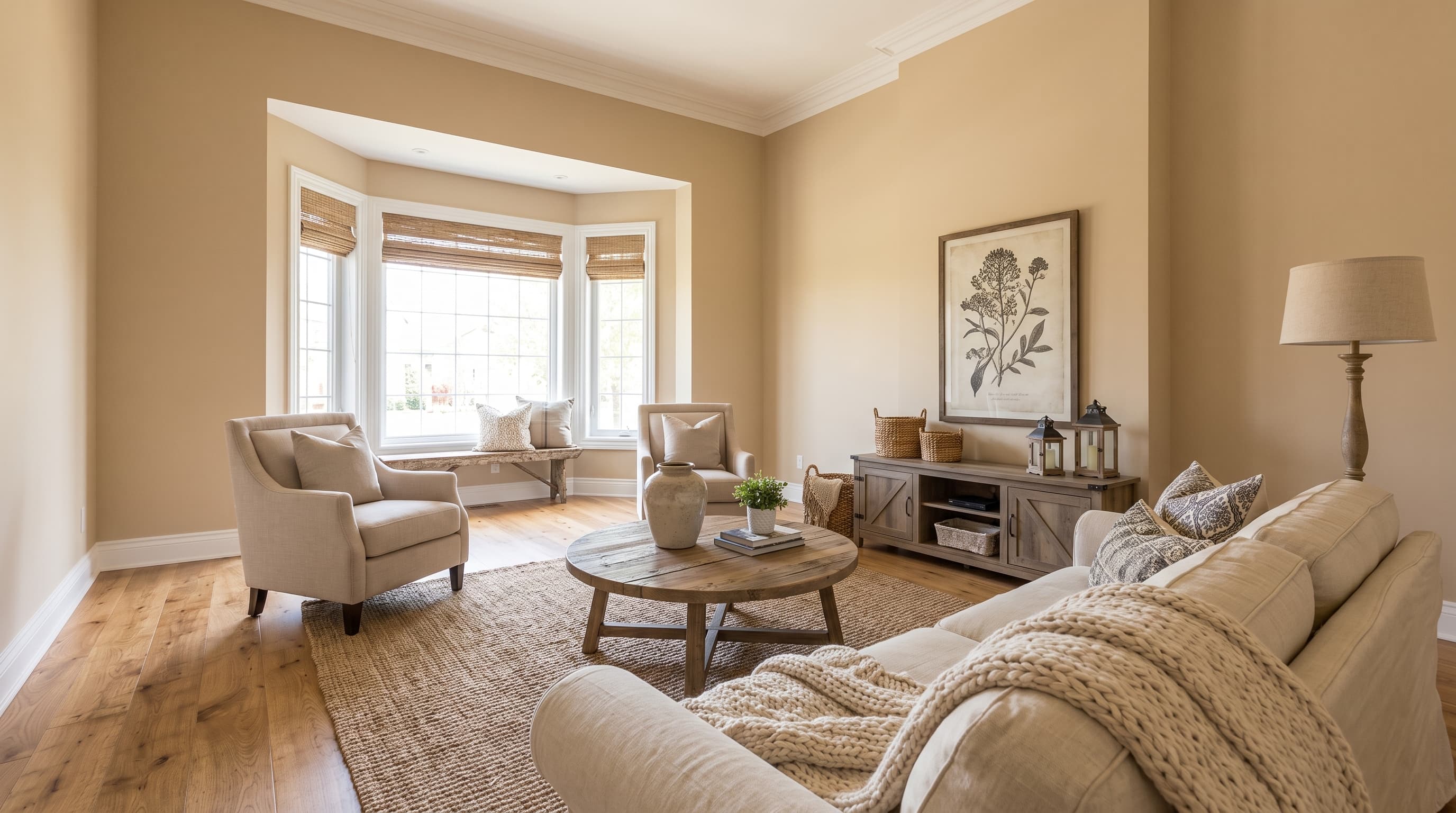 The demo living room, staged in Farmhouse and listing-ready